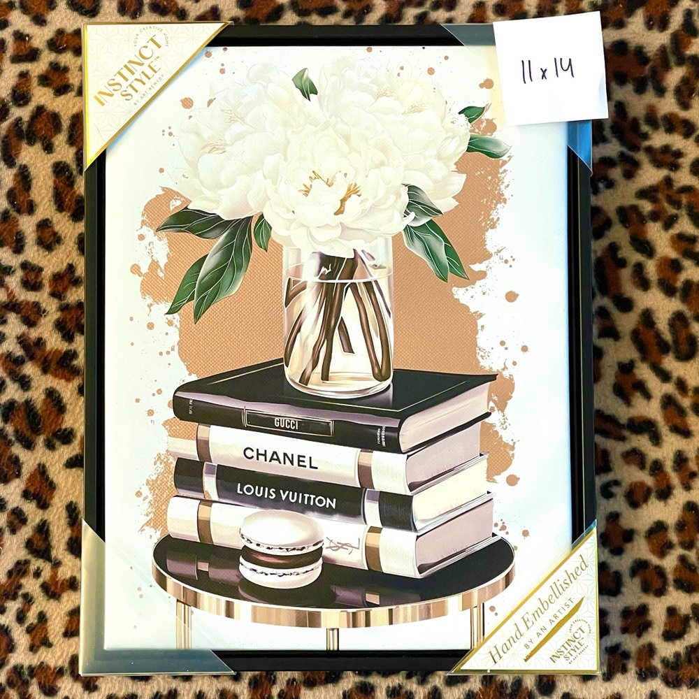 INSTINCT STYLE Wall Art Print SIZE 11"x14" White Flowers Luxury Books Canvas NEW